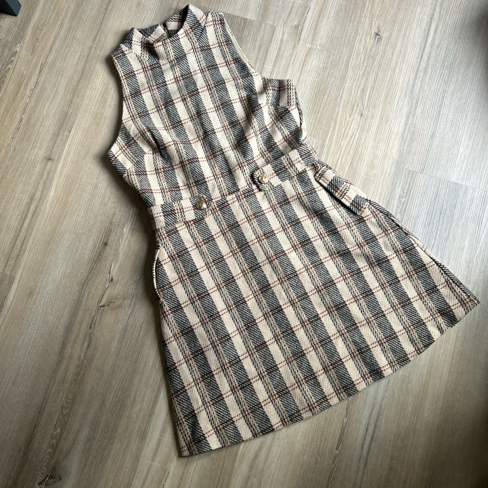Neiman Marcus Beige Plaid Mini Dress